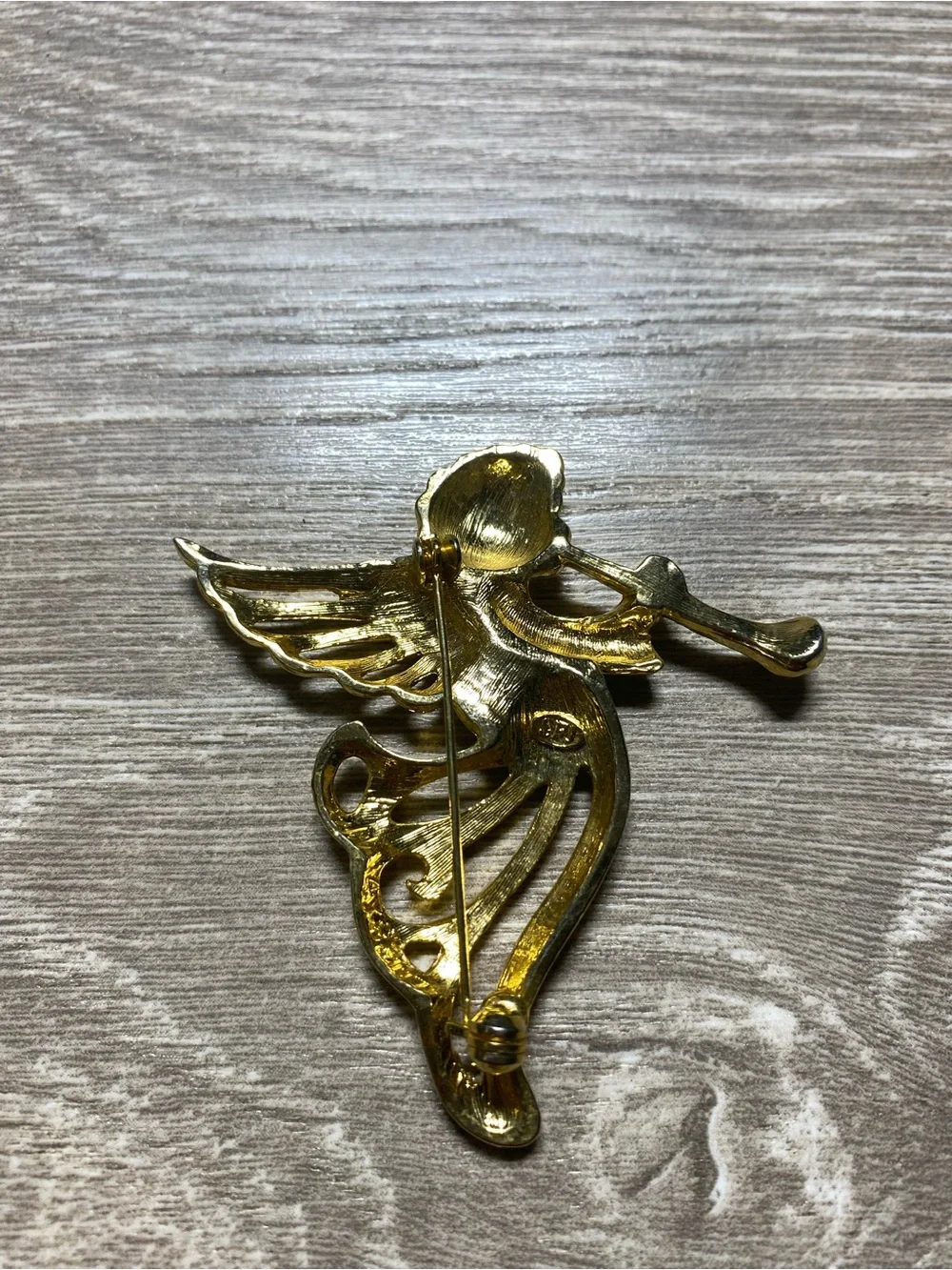 Vintage SFJ Gold Tone Trumpeting Angel Cherub Brooch Pin